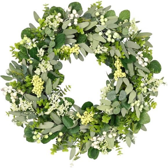 Green Eucalyptus Leaf Wreath, 24 Inch Artificial Spring Summer Wreaths - Picture 7 of 7